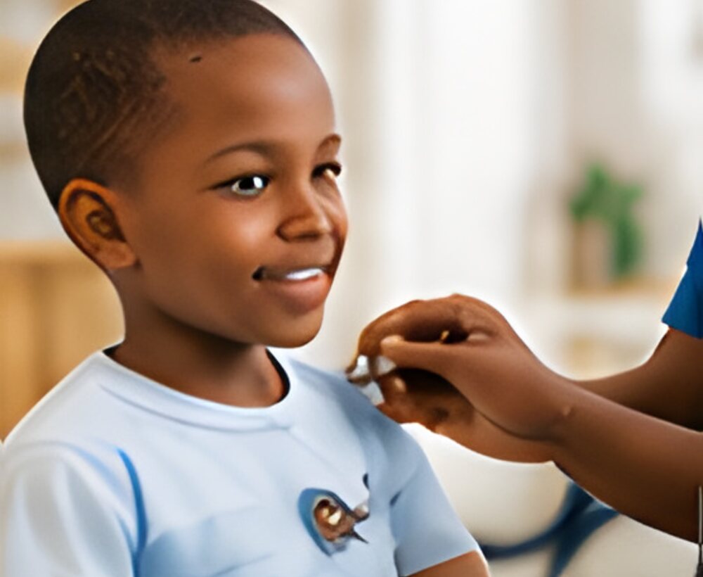 A boy being examined with a stethoscope