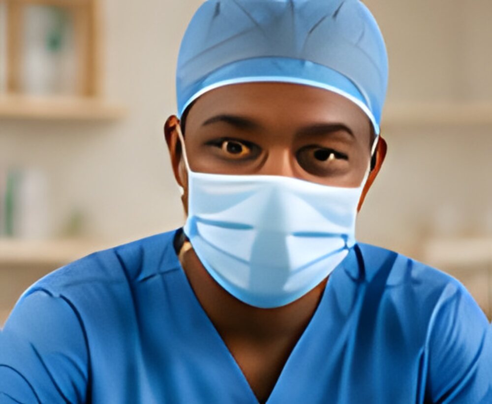 A surgeon in a mask and cap