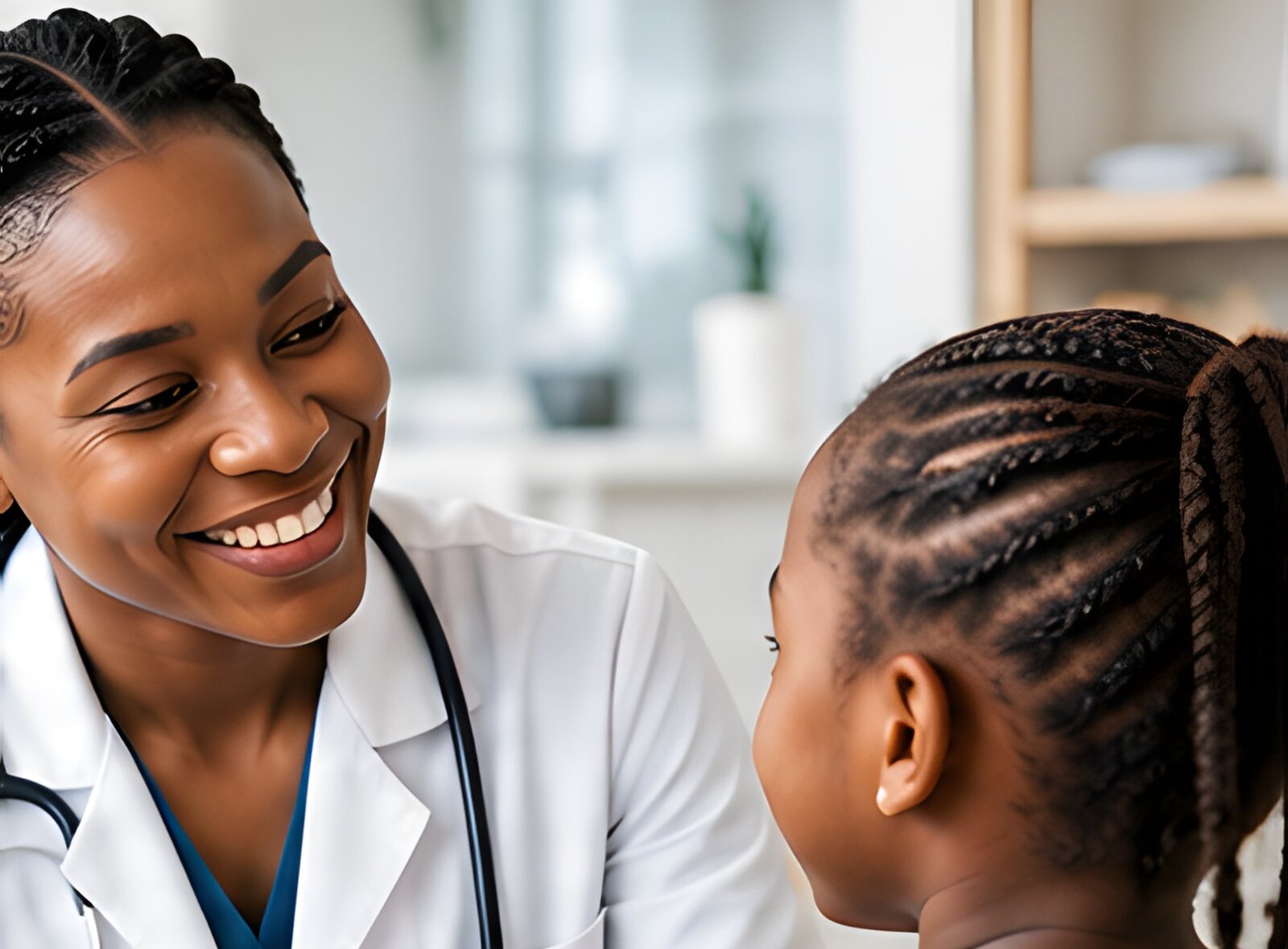 A doctor smiling as she talks with a young girl