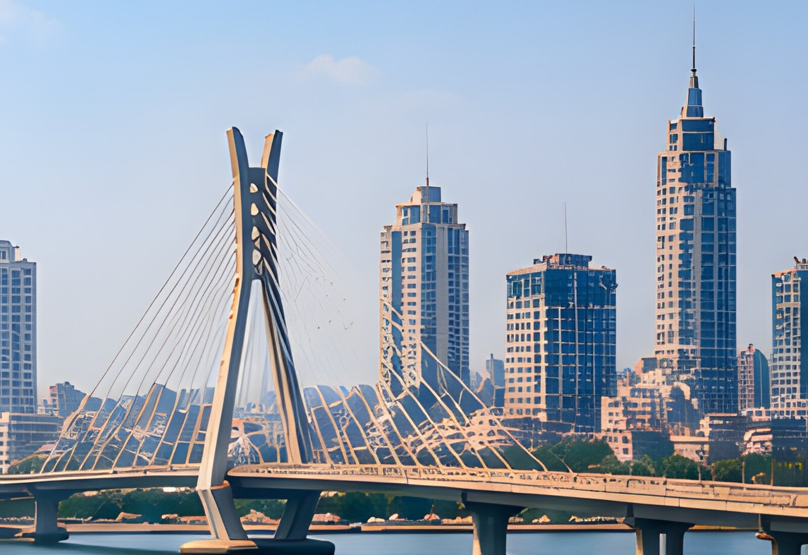 The Lagos skyline with a cable-stayed bridge over the water